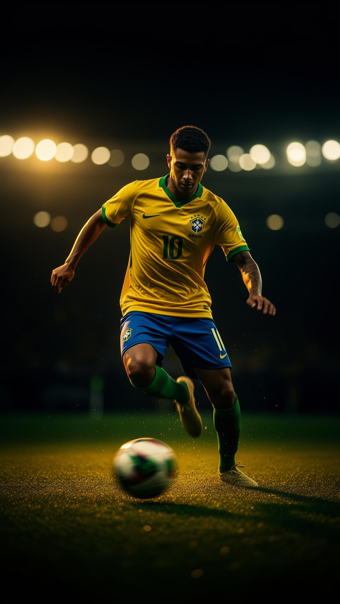 Atleta brasileiro em ação dominando a bola sob luzes de estádio